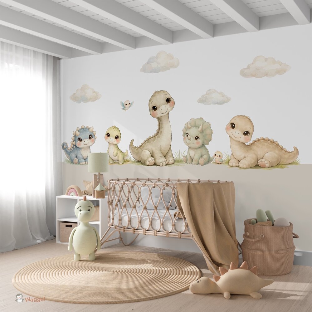 Behang sample Little Dino World met gekleurde onderzijde