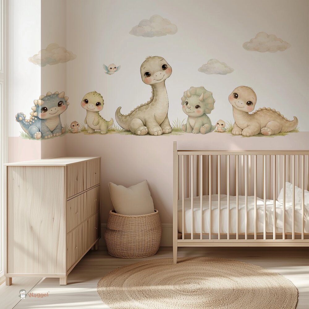 Behang sample Little Dino World met gekleurde onderzijde