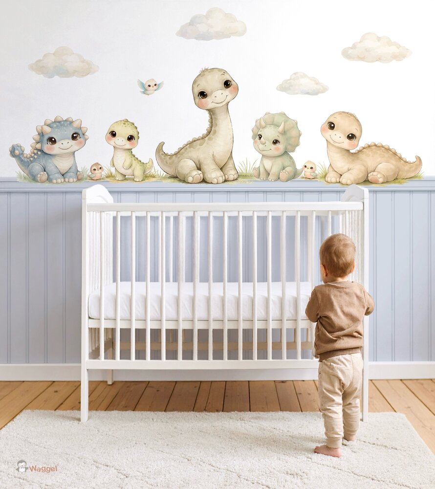 Behang sample Little Dino World met bedrukte lambrisering