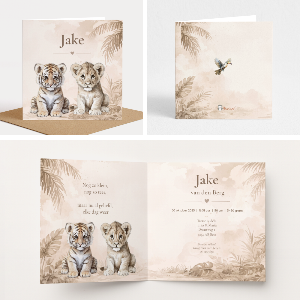 Proefdruk geboortekaartje Jungle naturel welpjes aquarel