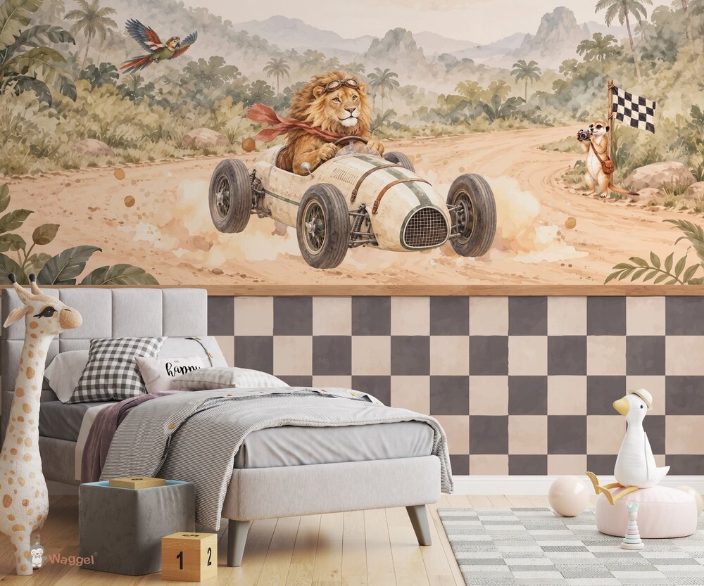 Behang Jungle Rally  | Geblokte lambrisering