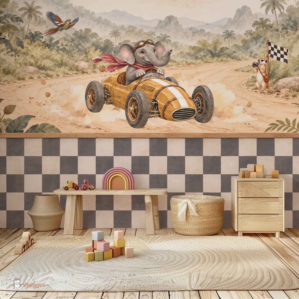 Behang Jungle Rally  | Geblokte lambrisering