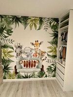 Behang jungle jeep met bladeren