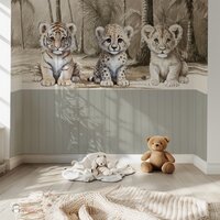 Behang jungle naturel tijger, cheetah leeuw met bedrukte lambrisering