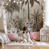 Behang Jungle naturel tijgertje en leeuw