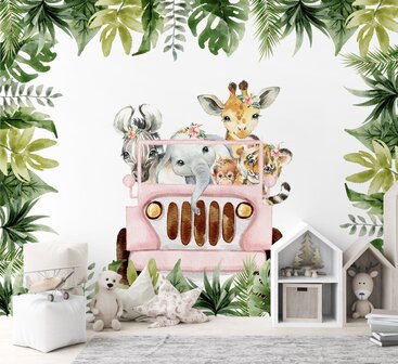 Behang sample jungle jeep roze met bladeren