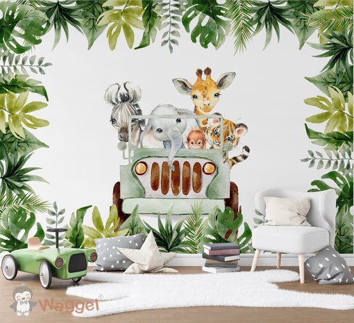 Behang sample jungle jeep met bladeren