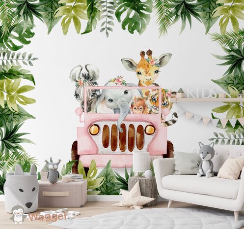 Behang sample jungle jeep roze met bladeren