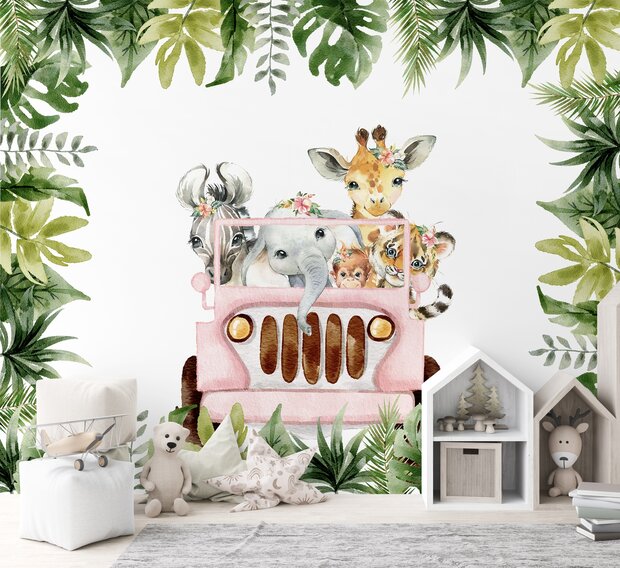 Behang jungle jeep roze met bladeren