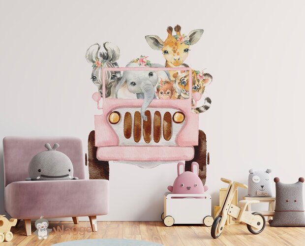 Behang jungle jeep roze