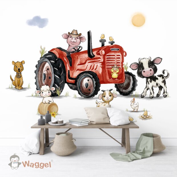 Behang boerderijdieren tractor rood