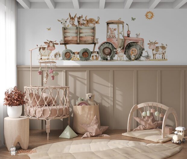 Behang Funny Farm tractor rood (geschikt voor een brede en smalle muur bijv. boven lambrisering)