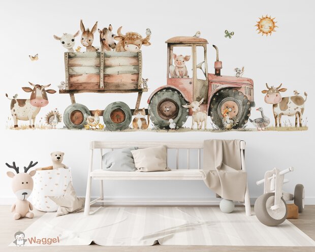 Behang Funny Farm tractor rood