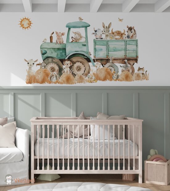 Behang Funny Farm tractor mint (geschikt voor een brede en smalle muur bijv. boven lambrisering)