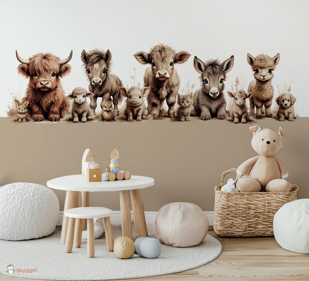 Behang boerderijdieren naturel aardetint onderzijde