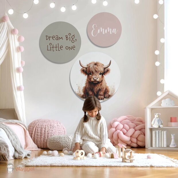 Muurcirkel set Boerderijdieren naturel  Schotse hooglander met tekst/quote en naam