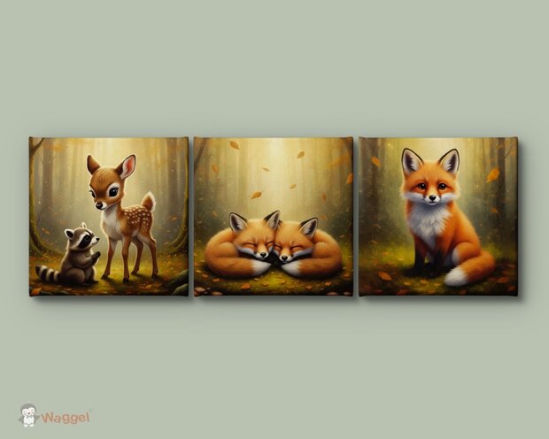 Canvas drieluik Whispering woods "Gentle forest friends"