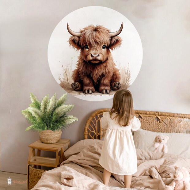 Zelfdklevende wanddecoratie boerderijdieren naturel Schotse Hooglander