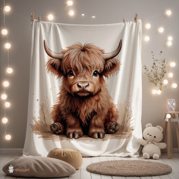 Deken fleece boerderijdieren naturel Schotse hooglander