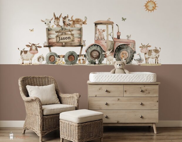 Naadloos fotobehang Funny Farm tractor rood met roestbruine onderzijde