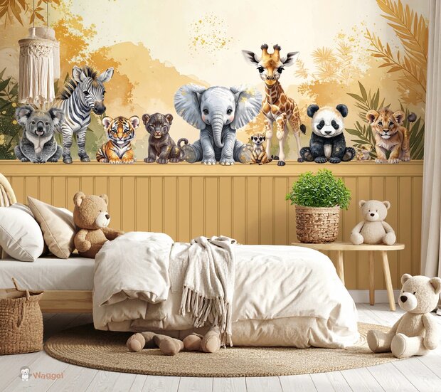 Naadloos fotobehang Jungle Touch of gold "Together" met bedrukte lambrisering