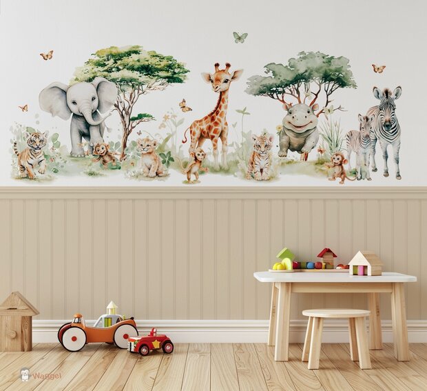 Behang Jungle fun met bedrukte lambrisering