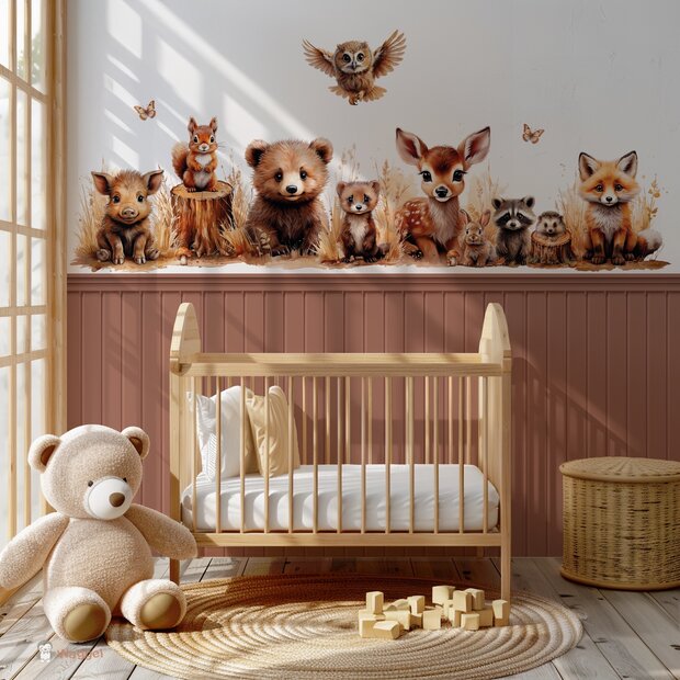 Behang bosdieren naturel met bedrukte lambrisering