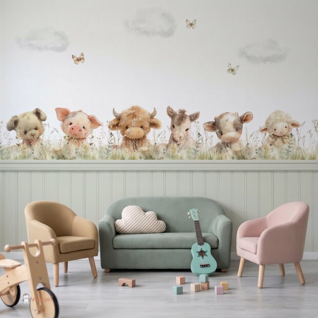 Behang Sweethearts boerderijdieren met bedrukte lambrisering