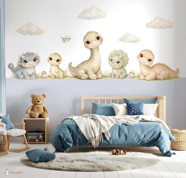 Behang Little Dino World met gekleurde onderzijde