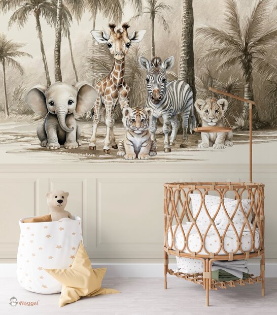 Sample velours naadloos behang jungle naturel little ones adventure met bedrukte ecru lambrisering