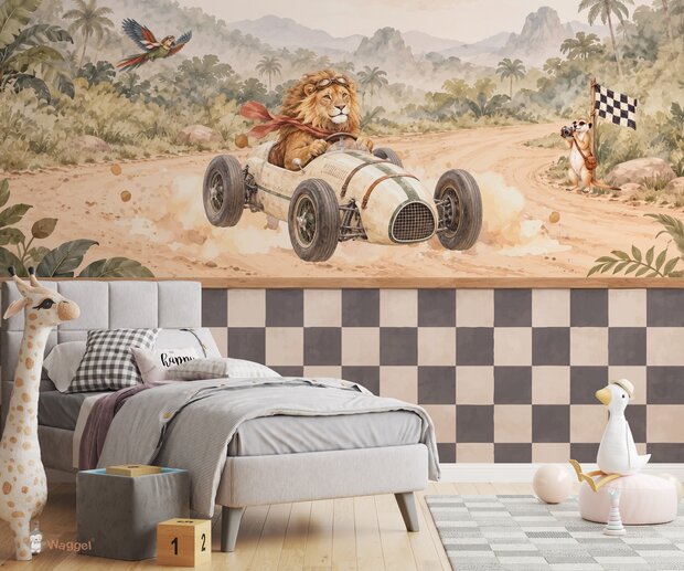 Behang Jungle Rally  | Geblokte lambrisering