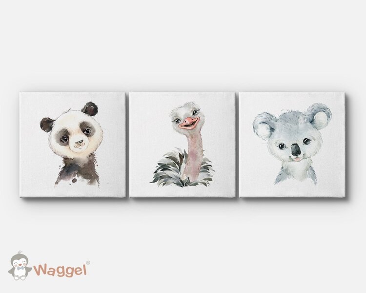 Canvas drieluik jungle panda, struisvogel en koala