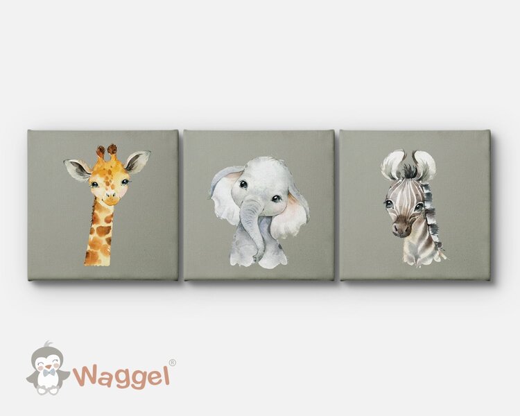Canvas drieluik jungle giraf, olifant en zebra
