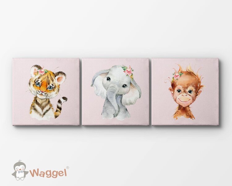 Canvas drieluik jungle tijger, olifant en aapje
