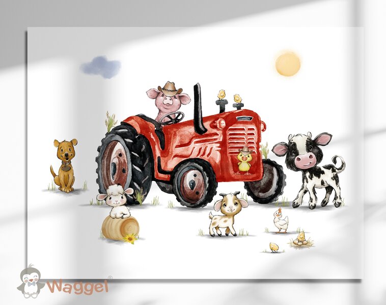 Wandpaneel boerderijdieren tractor rood