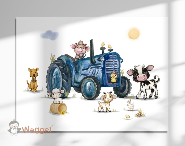 Wandpaneel boerderijdieren tractor blauw