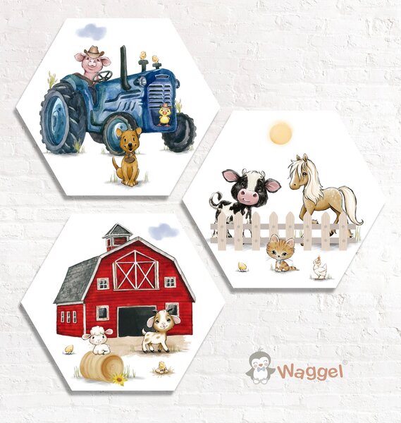 Hexagon set boerderijdieren met tractor