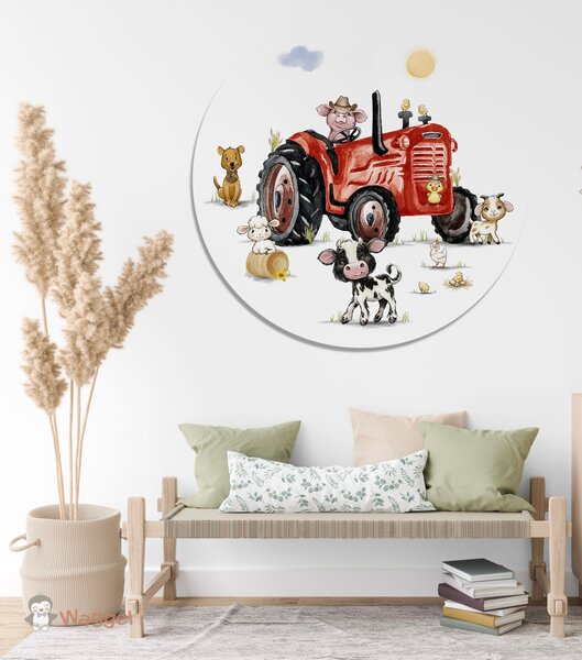 Muurcirkel boerderijdieren tractor rood