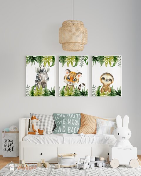 Poster set van 3 zebra, luiaard en tijger jungle