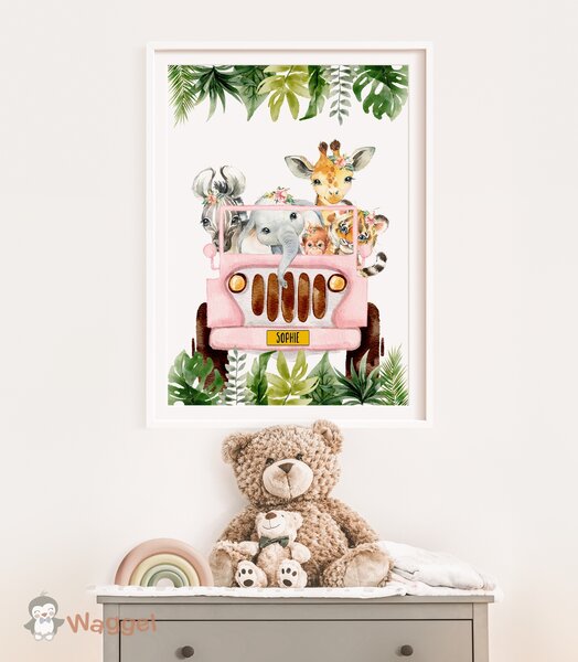 Poster jungle jeep roze met naam