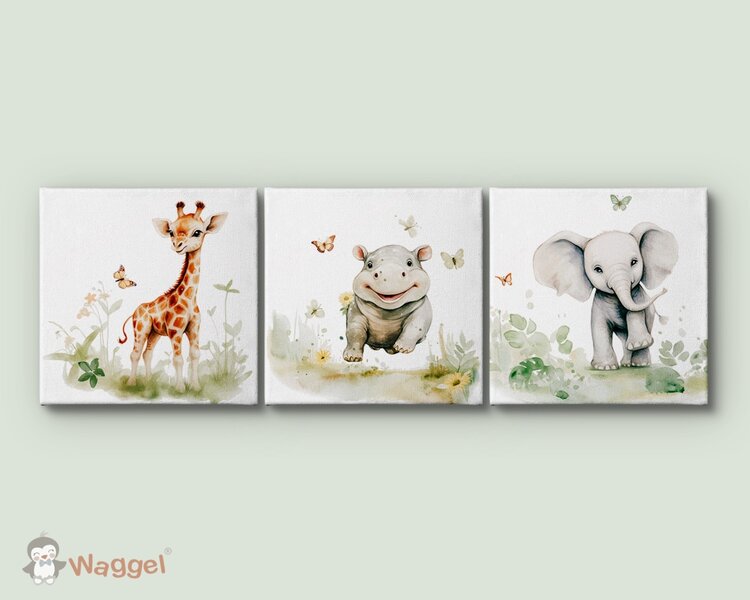 Canvas drieluik Jungle fun giraf, nijlpaard en olifant