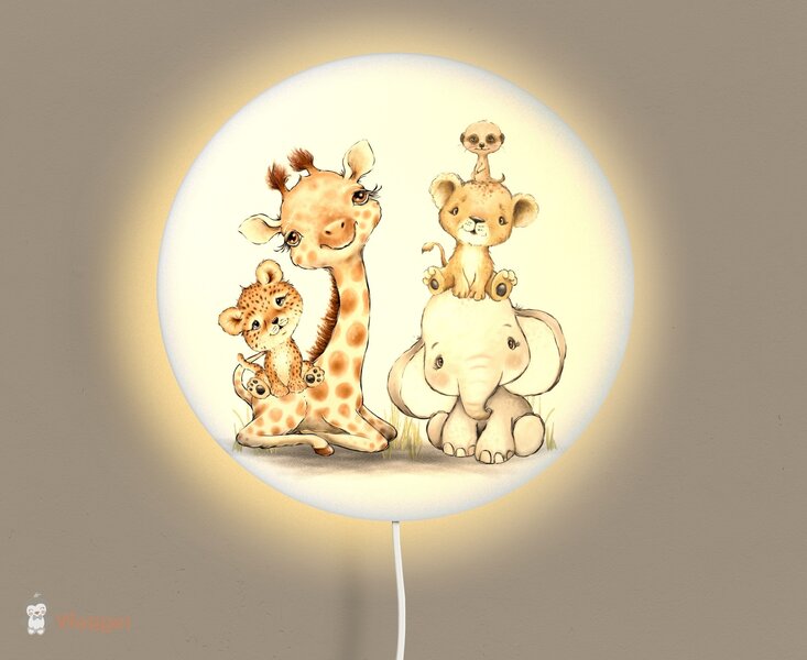 Wandlamp rond Jungle cuties giraf/olifant