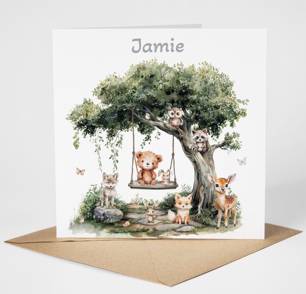 Proefdruk geboortekaartje Dreamy Woods babies swing 