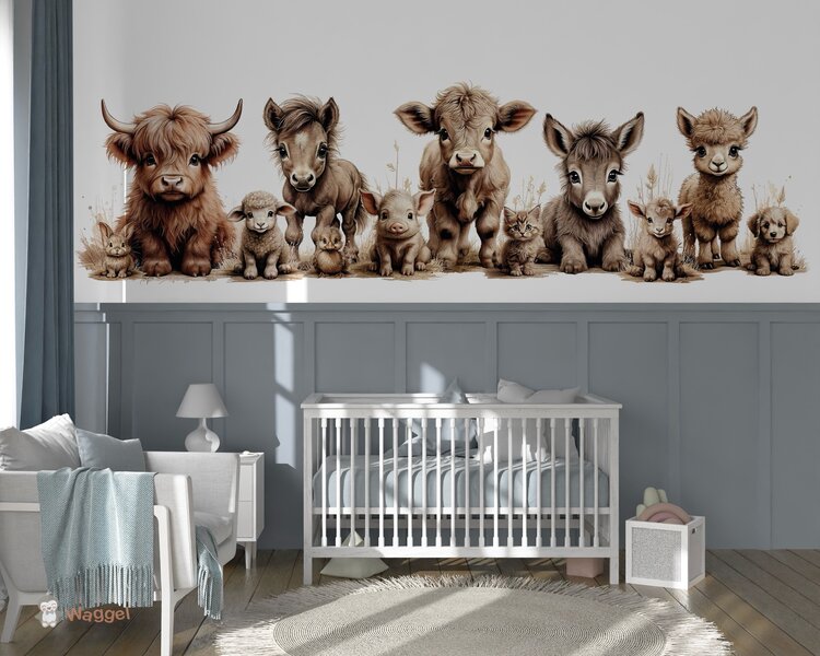 Behang sample boerderijdieren naturel (geschikt voor een brede en smalle muur bijv. boven lambrisering)