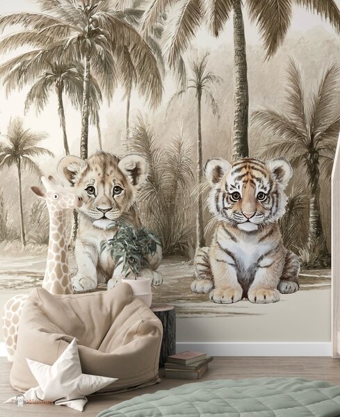 Behang sample Jungle naturel tijgertje en leeuw 