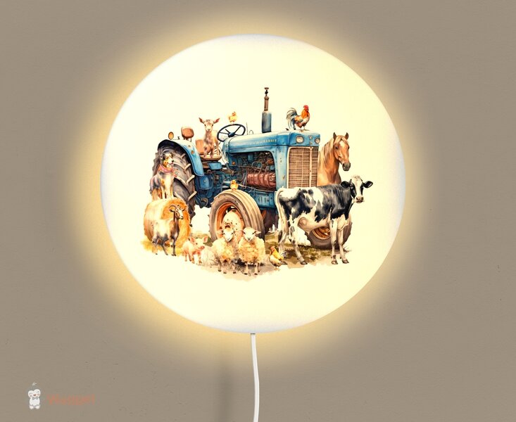 Wandlamp rond Farmlife tractor blauw 30 cm 