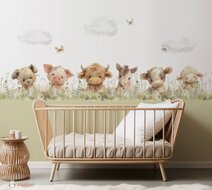 Sample velours naadloos behang Sweethearts boerderijdieren Weidegroene onderzijde