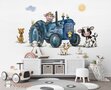 Behang boerderijdieren tractor blauw