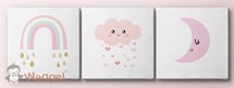 Canvas drieluik regenboog, maan en roze wolk