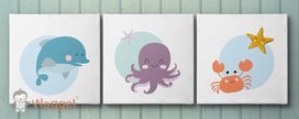Canvas drieluik onderwaterwereld dolfijn, inktvis en krab Canvas drieluik onderwaterwereld dolfijn, inktvis en krab